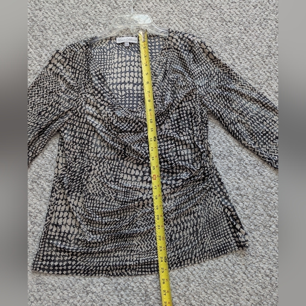 Elegant Women's (Size Large) Black & Tan Cowl Neck Rouched Shimmering Blouse/Top - Picture 8 of 16